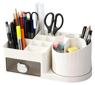 Produktbild von Drehbarer Schreibtisch-Organizer mit 15 Fächern + 1 Schublade, 360-Grad-Stifthalter für Büro, Schule, Hautpflege und Bastelbedarf (weiß)