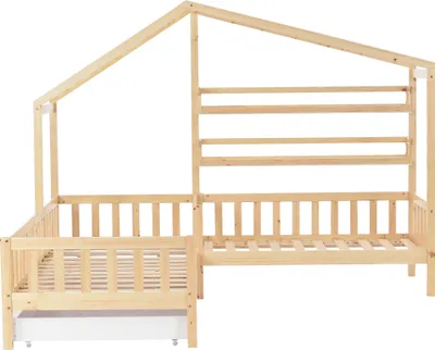 Produktbild von Merax Kinderbett 90x200cm/140x70cm mit Rausfallschutz, Schubladen und Regalen, L-Struktur Hausbett Kiefernholzbett für 2 Kinder