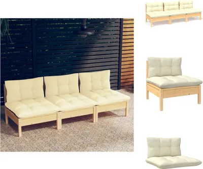 Produktbild von vidaXL 3-Sitzer-Gartensofa mit Creme Kissen Massivholz Kiefer - Gartensofas