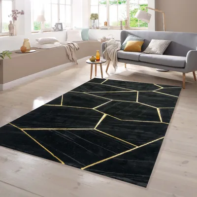 Immagine prodotto di Tappeto da salotto con motivo geometrico nero e oro - Dimensioni: 240 x 340 cm