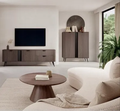 Produktbild von Wohnwand Set Veris 2-teilig | Highboard & TV Lowboard in Eiche Dunin | Möbelset Wohnzimmer Modern mit Rillen