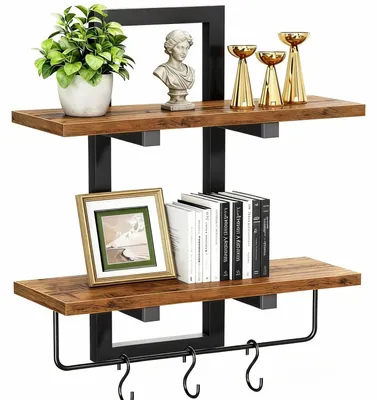 Image de Étagère murale en bois, 2 niveaux, étagère murale avec porte-serviettes et 3 crochets, étagère suspendue, étagère murale de cuisine, étagère flottante pour le salon, la chambre, la salle de bains, la cuisine