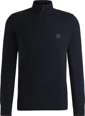 A plain white background with a navy blue pullover.