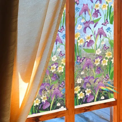 Obrázok produktu pre Fólia do okien s motívom dúhy a fialovými kvetmi, 40 x 101,6 cm, statická fólia na okná