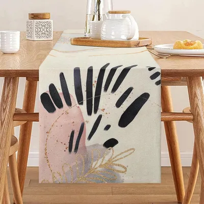 Immagine prodotto di Runner da tavolo astratto in stile bohémien, motivo foglia, lino, 40 x 140 cm, lavabile