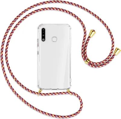 Produktbild von Handykette Backcover-Schutzhülle mit Band (Metall goldfarben) für Samsung Galaxy A70e - weinrot/gelb/grau