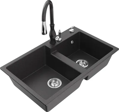 Produktbild von Mexen Tomas 2-Becken-Granitspüle mit Mischbatterie Savita, Schwarz gesprenkelt - 6516-76-672601-76