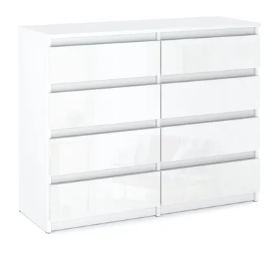 A white dresser with eight drawers against a white background.