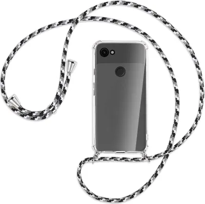 Produktbild von Handykette Backcover-Schutzhülle mit Band (Metall silberfarben) für Google Pixel 3a XL - schwarz/grau/weiß
