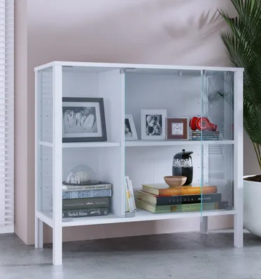 Produktbild von VCM Glasvitrine stehend Jensol – breite Standvitrine mit ESG-Sicherheitsglas, Glasfront & Seitenteile, moderner Vitrinenschrank, Sideboard ca. 80 x 87 x 35 cm