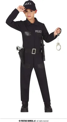 A child wearing a police costume, holding handcuffs and a toy gun.