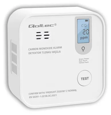 Immagine prodotto di Rilevatore di monossido di carbonio Qoltec con batteria | Allarme da 85 dB | LED