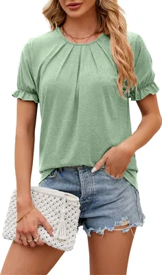 Produktbild von ASKSA Damen T-Shirt Sommer Kurzarm Puffaermel Shirts Tops Casual Tee Elegant Oberteile, Hellgruen, Groesse: XXL