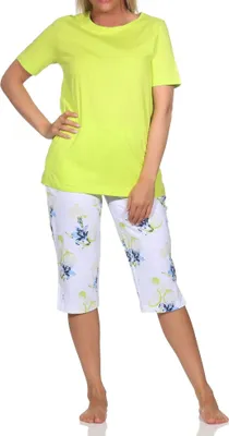 Obrázek produktu pro Dámské pyžamo Normann s krátkým rukávem, capri pyžamové kalhoty s květinovým potiskem - také v plus size velikosti ; zelená , 36