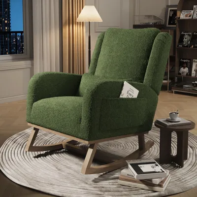 Image de Fauteuil à bascule Moonbite en tissu Teddy vert foncé, avec coussin et poches latérales