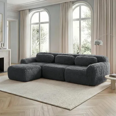 Produktbild von L-förmiges modulares Sofa Plüsch Grau, rahmenloses Tiefsofa mit Kissen, 32D-Schaumstoff, rutschfest, kein Aufbau