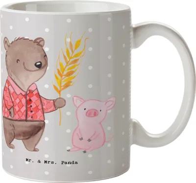 Produktbild von Mr. & Mrs. Panda Becher Landwirt Herz - Grau Pastell - Geschenk, Tiere, Farmer, Schweine, Bauernhof, Tasse, Kaffeebecher, milchkaffeetasse, Trinkbecher, Kaffeetasse