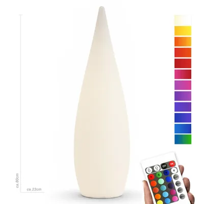 A tall, white, tear-drop shaped LED lamp is shown standing upright on a white background. A remote control is held in a hand in the bottom right corner, and a color swatch chart is displayed to the right of the lamp.