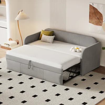 Obrázok produktu pre Merax denná posteľ 90x190cm/180x190cm rozkladacia posteľ, rozkladacia pohovka s lamelovým roštom a podrúčkami, ľanové čalúnené lôžko detská rozkladacia pohovka svetlosivá