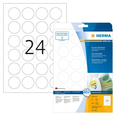 Obrázok produktu pre Odnímateľné etikety HERMA A4 Ø 40 mm okrúhle biele Odnímateľné etikety/odnímateľný papier matný 600 ks.