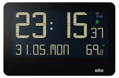 A digital clock displaying the time, date, and temperature.