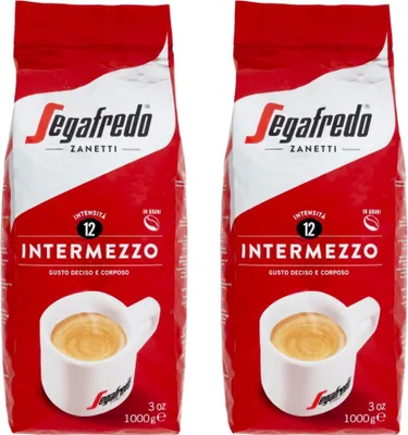 Two bags of Segafredo coffee beans with a cup of coffee shown on each bag.