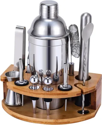 Image de Ensemble de shakers à cocktails avec support en bambou - Kit de bar comprenant 12 accessoires en acier inoxydable et des recettes de cocktails