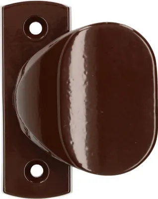 A close-up product shot of a brown door knob with a mounting plate.