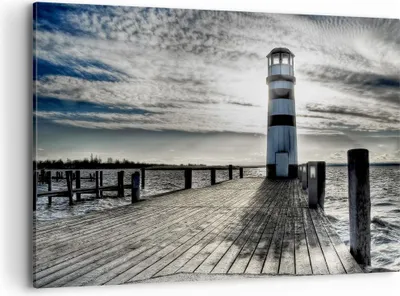Produktbild von Bild auf Leinwand - Leinwandbild - See Leuchtturm Holzbrücke Wasser - 100x70cm - Wand Bild - Wanddeko - Leinwanddruck - Bilder - Kunstdruck - Leinwand bilder - Wandkunst - AA100x70-0330