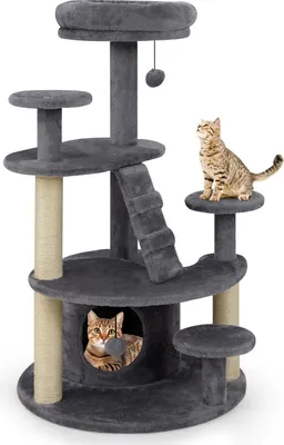 Image de COSTWAY Arbre à chat petit, arbre à chat en bois, arbre à chat avec niche pour chats, balle, échelle, plates-formes&colonnes à griffer, meubles pour chats Arbre à grimper, chats gris