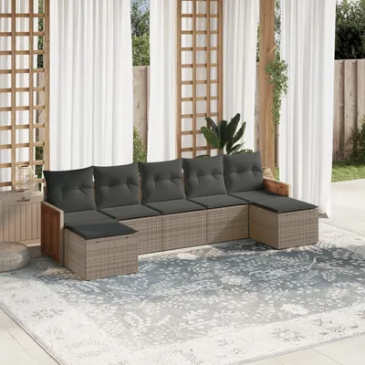 Produktbild von Design 7-tlg. Garten-Sofagarnitur mit Kissen Grau Poly Rattan, Gartenmöbel-Sets 2024 Neu