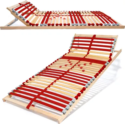 Two views of a wooden bed slatted base with red straps, one showing the adjustable headrest.