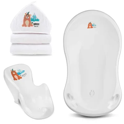 Produktbild von Baby Wanne mit Badesitz und Kapuzenhandtuch . Baby Badewanne mit Abfluss und ergonomischen Sitz. Handtuch 80x80cm