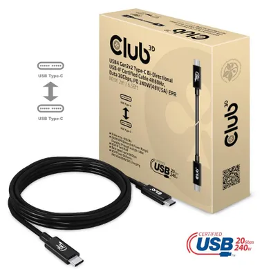 Produktbild von CLUB3D USB4 Gen2x2 Type-C Bi-Directional Cable 4K60Hz, Data 20Gbps, PD 240W(48V/5A) EPR M/M 2m/6.56ft, 2 m, USB C, USB C, USB4 Gen 2x2, 20 Gbit/s, Schwarz