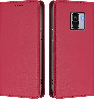 Produktbild von Handyhülle für Samsung Galaxy A8 2018, Kunstleder Klapphülle Stoßfeste Magnetische Hülle mit Ständer Rot