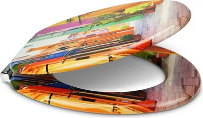Produktbild von Sanfino® Premium WC Sitz "Colorful Houses" hochwertiger Toilettendeckel mit Absenkautomatik aus Holz, viele bunte Motive, einfache Montage
