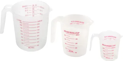 Produktbild von Messbecher 3er Set Volumen ca. 250ml, 500ml, 1000ml, 3 Stück Kunststoffbecher, transparenter Messbecher mit Griff für Küche zum Kochen und Backen