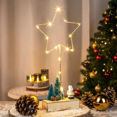 Produktbild von Metallstern auf Holzständer mit 15 warm weißen LEDs