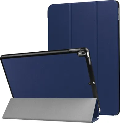 A dark blue iPad case is shown in a folded position, with the tablet inside, propped up at an angle. Another identical case is standing upright in the background.