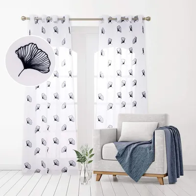 Voile Gardinen mit Blättern, 2er Set, 140x280 cm, Weiß, Ösen
