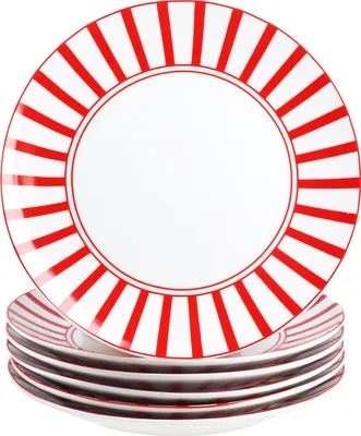 Image de Split rouge rayé Set de 6 assiettes à gâteaux Porcelaine 6 personnes Assiette à déjeuner rayée