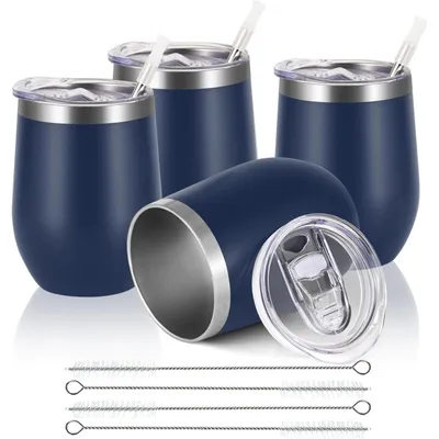 Immagine prodotto di Bicchieri da vino in acciaio inossidabile, senza gambo, con coperchio, confezione da 4, colore blu scuro, capacità 12 once, a doppia parete, isolamento sottovuoto