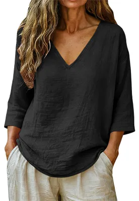 Produktbild von ASKSA Damen T-Shirt V-Ausschnitt 3/4 aermel Sommer Leinenbluse Musselin Bluse Einfarbig Casual Lose Basic Oberteile (Schwarz,M)