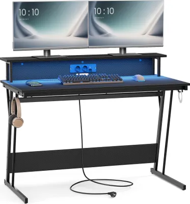Produktbild von VASAGLE Schreibtisch Gaming Tisch mit eingebauter Steckdosenleiste Computertisch 120cm schwarz