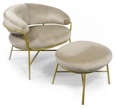 Image de MENZZO Fauteuil + pouf Nanty Velours Taupe Pieds Or