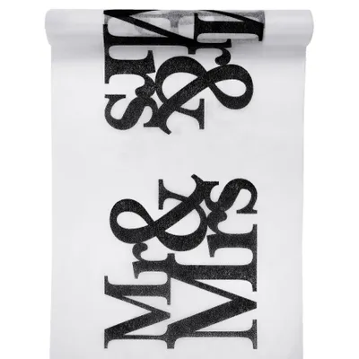 Produktbild von Tischläufer Mr & Mrs 30 cm x 5 m - weiß & schwarz