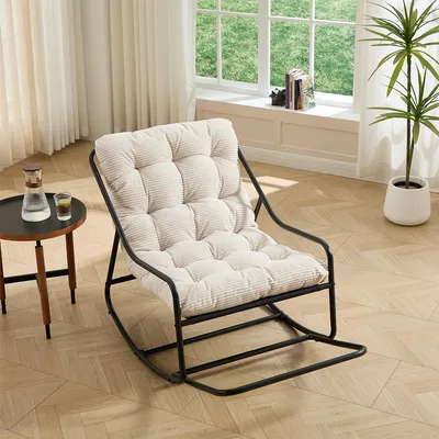 Produktbild von Schaukelstuhl mit Bequemes Kissen Relaxsessel Freizeitstuhl für Wohnzimmer Schlafzimmer Lesezimmer Weiß