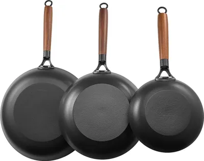 Image de SucceBuy Set de poêles à frire en fonte (205 / 265 / 310 mm), poêles robustes avec poignée en bois amovible, poêle polyvalente pour cuisinières à gaz et électriques, noir