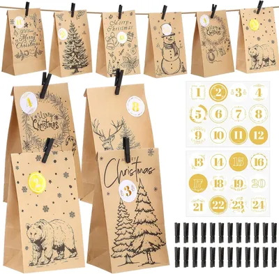 Produktbild von Adventskalender zum Befüllen 2025-24: Braune Papiertüten mit Zahlenaufklebern 1-24 und Holzklammern - Adventskalender