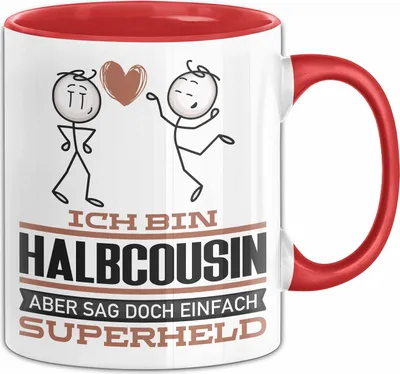 Produktbild von Halbcousin Geschenk Tasse Ich Bin Halbcousin Aber Sag Doch Einfach Superheld Lustige Geschenkdiee für Halbcousin Kaffee-Becher (Rot)